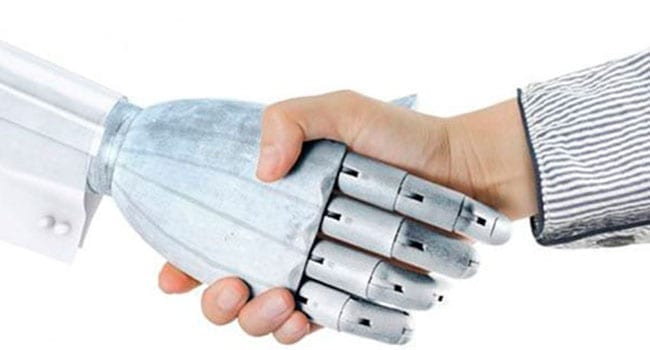 Robot shaking hands with man artificial intelligence