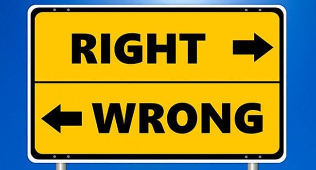 Sign showing directions to right and wrong