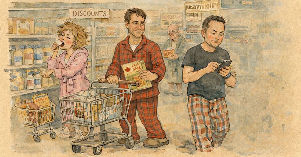 Pajamas in grocery stores reveal how consumers now treat grocery shopping as a quick errand, as inflation and convenience push faster trips and less browsing